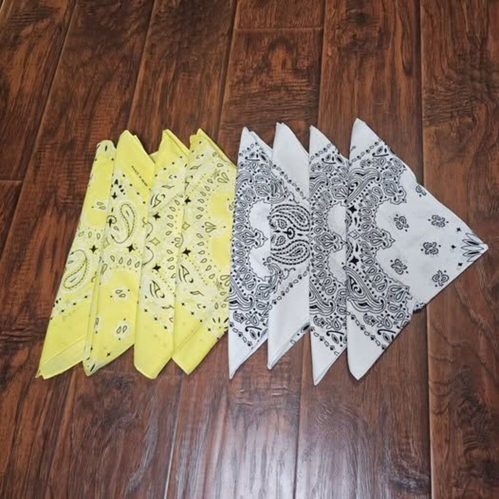 Set Of 8 Country Western Paisley Bandanas Scarves White & Yellow 100% Cotton
